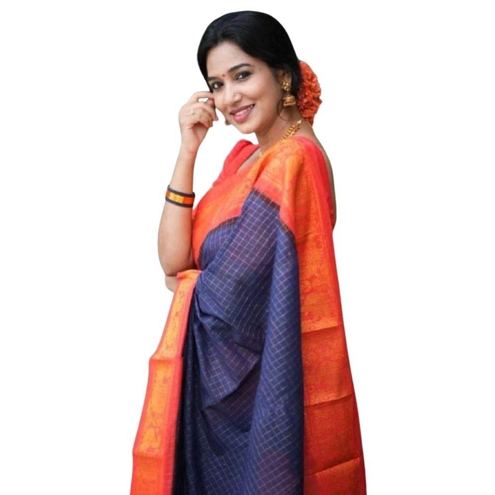 Generic Women's Silk Printed Saree With Unstitched Blouse 5.5Mtr (Blue) - MYLUXURY LANE ENTERPRISE