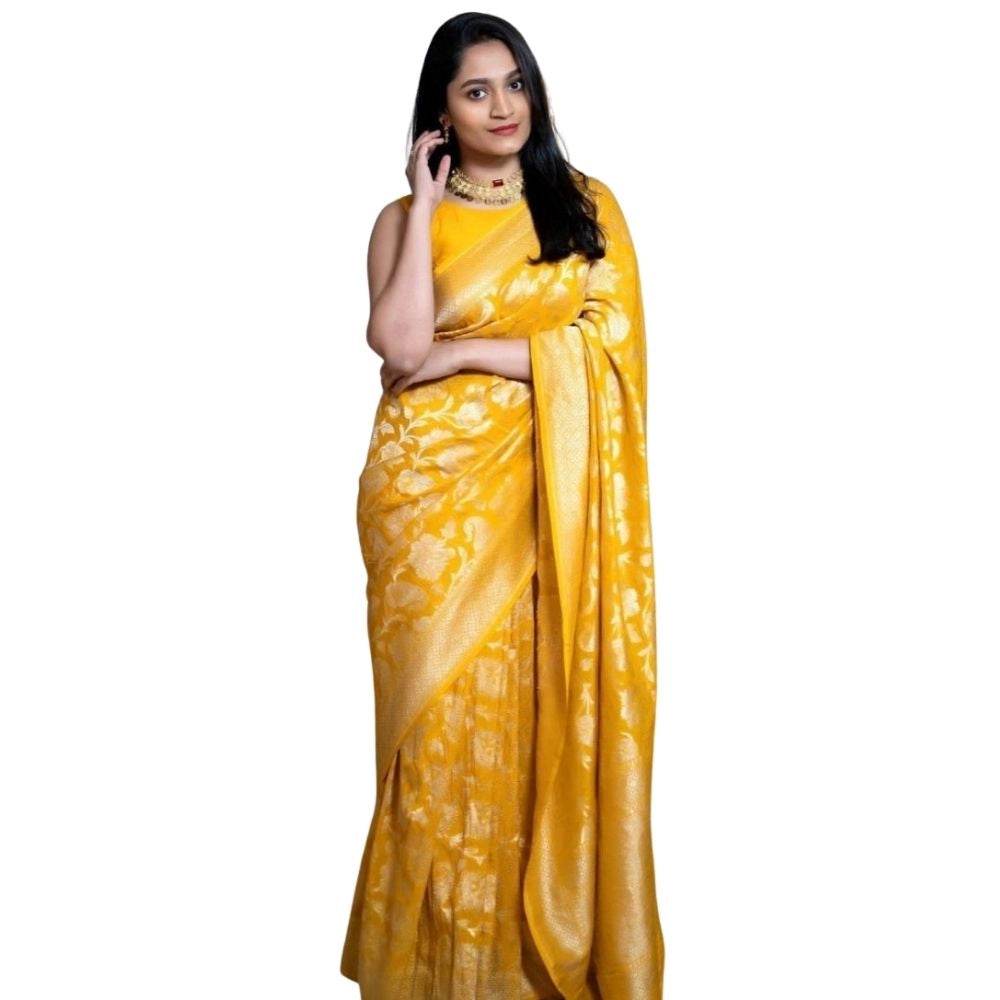 Generic Women's Silk Printed Saree With Unstitched Blouse 5.5Mtr (Yellow) - MYLUXURY LANE ENTERPRISE