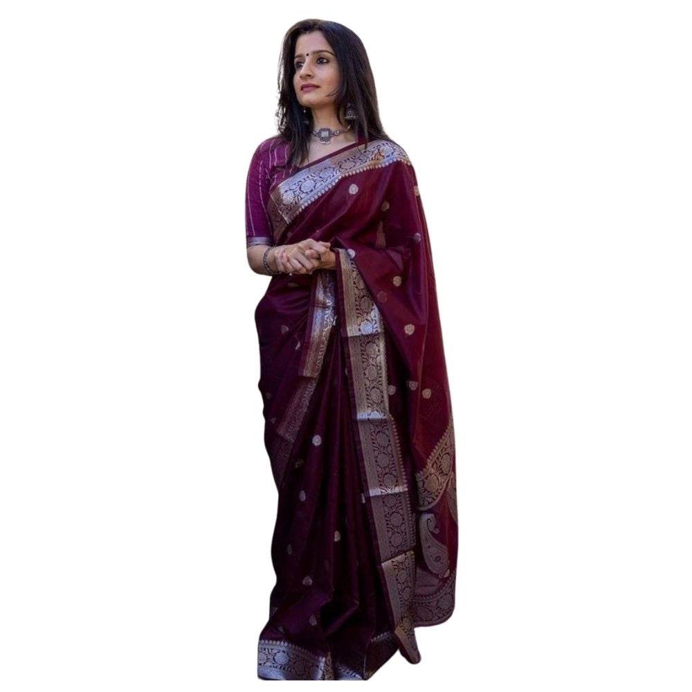 Generic Women's Cotton Printed Saree With Unstitched Blouse 5.5Mtr (Maroon) - MYLUXURY LANE ENTERPRISE