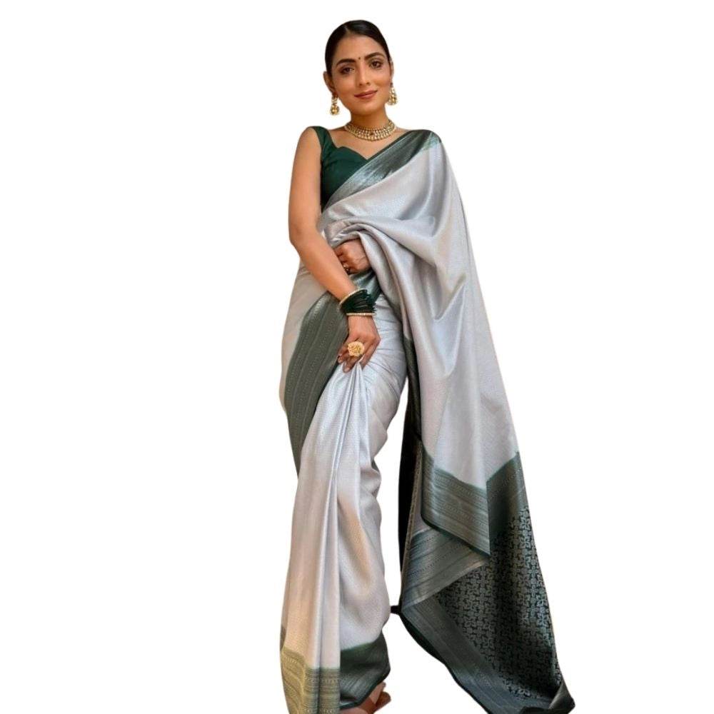 Generic Women's Silk Printed Saree With Unstitched Blouse 5.5Mtr (Grey) - MYLUXURY LANE ENTERPRISE