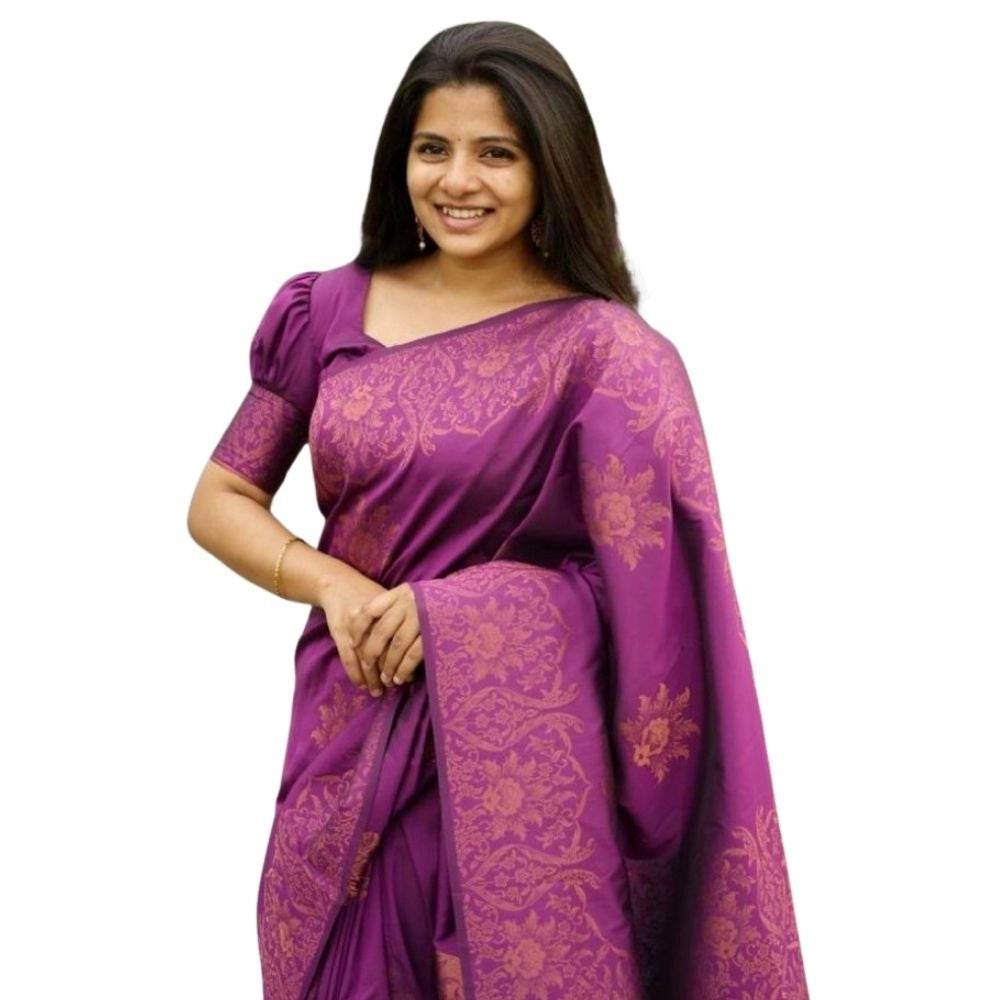 Generic Women's Silk Printed Saree With Unstitched Blouse 5.5Mtr (Purple) - MYLUXURY LANE ENTERPRISE