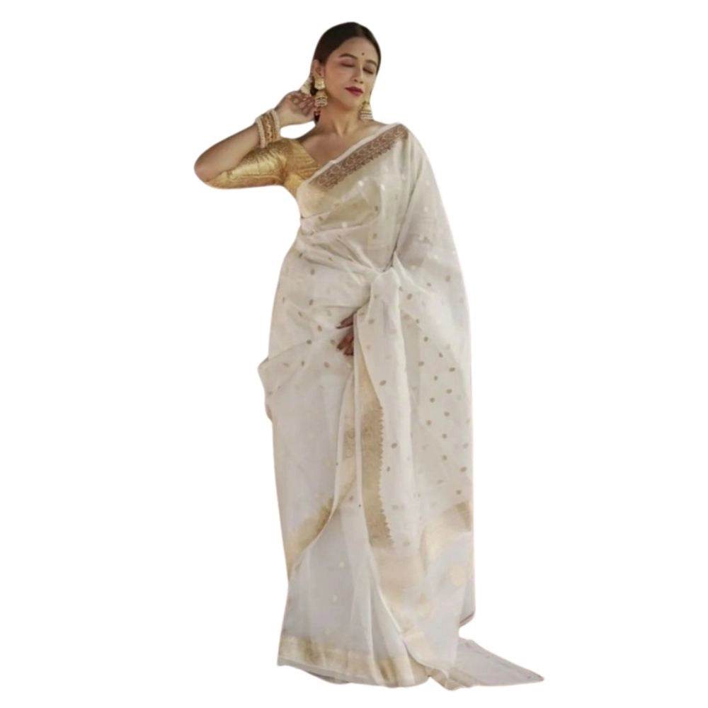 Generic Women's Cotton Printed Saree With Unstitched Blouse 5.5Mtr (White) - MYLUXURY LANE ENTERPRISE