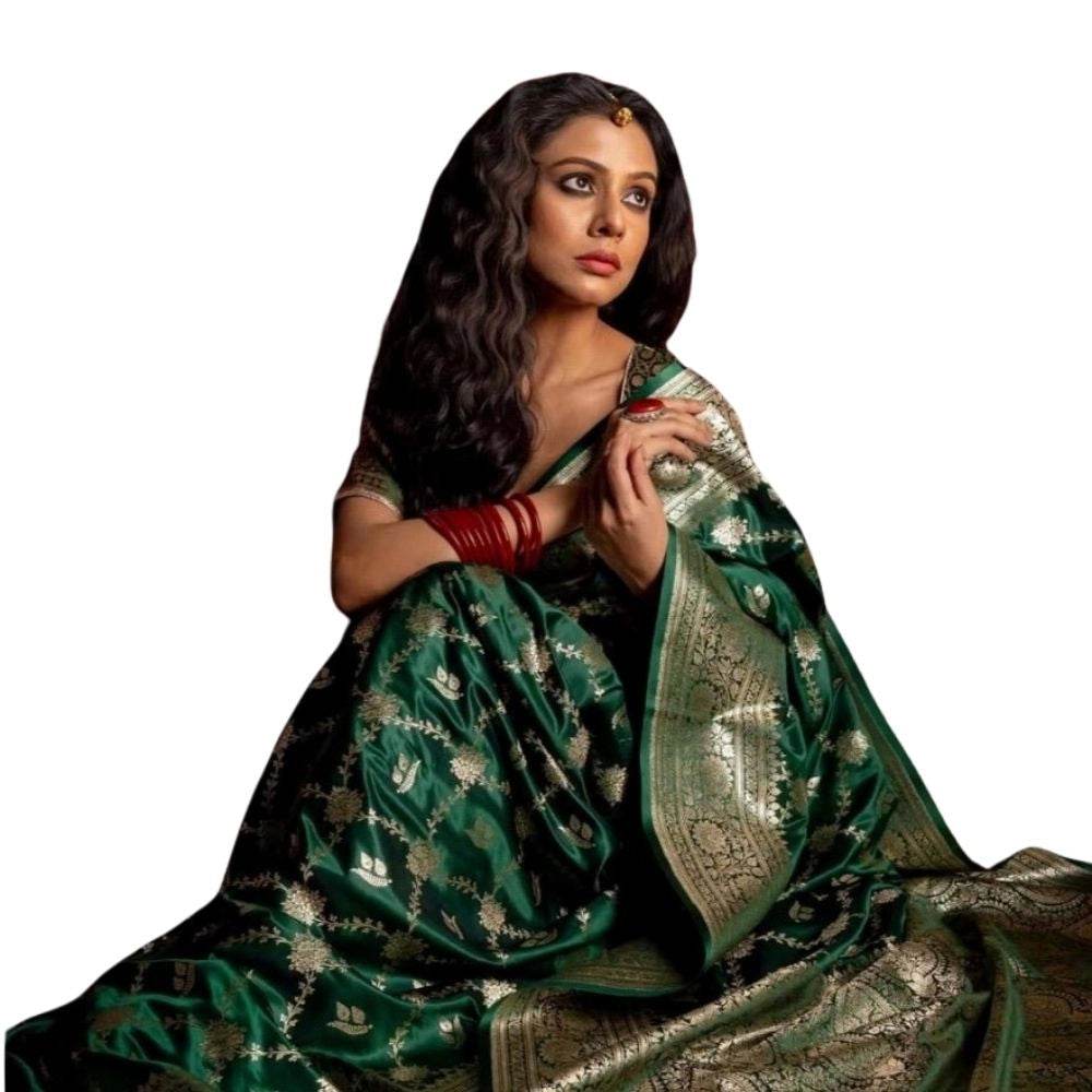 Generic Women's Silk Printed Saree With Unstitched Blouse 5.5Mtr (Dark Green) - MYLUXURY LANE ENTERPRISE
