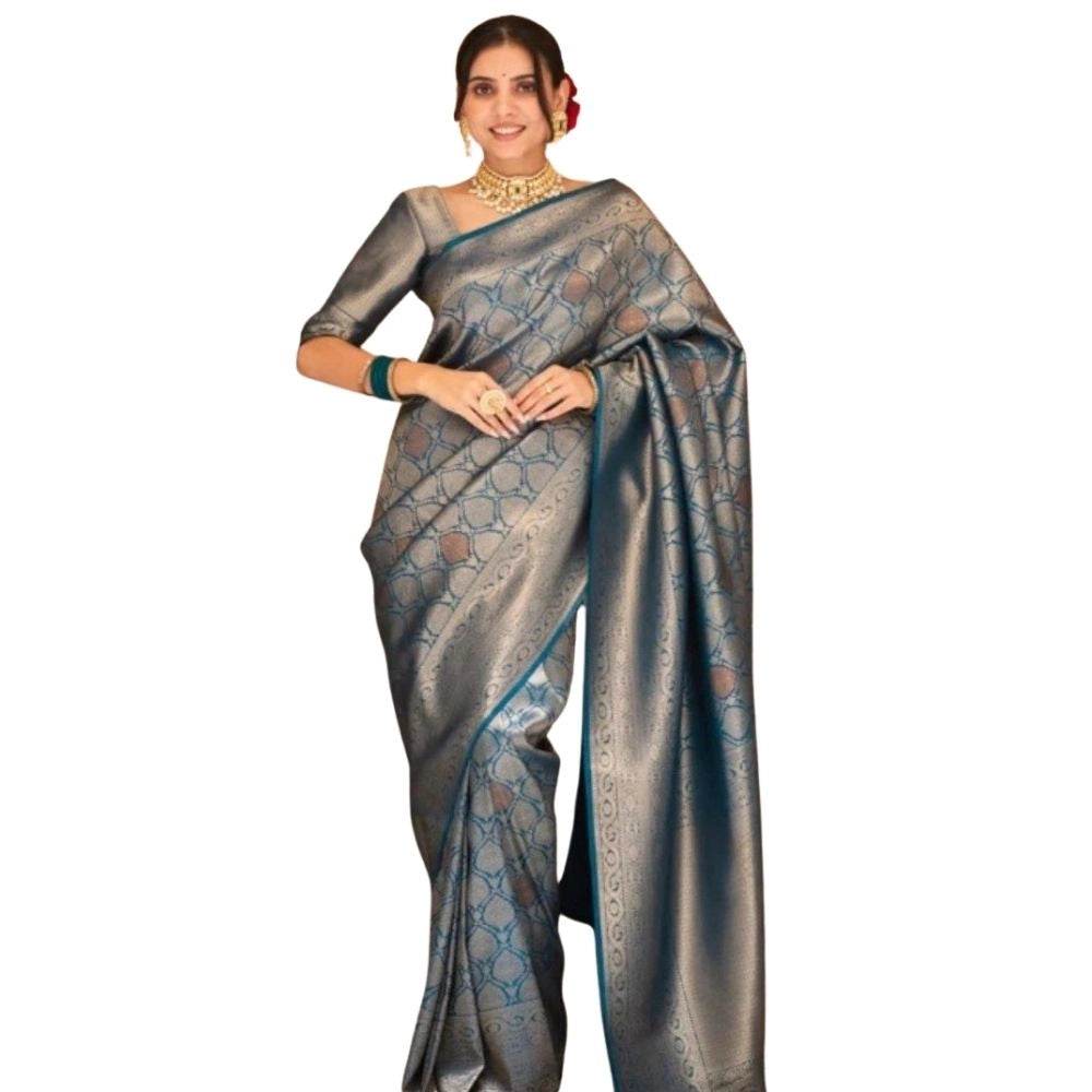 Generic Women's Silk Printed Saree With Unstitched Blouse 5.5Mtr (Rama) - MYLUXURY LANE ENTERPRISE