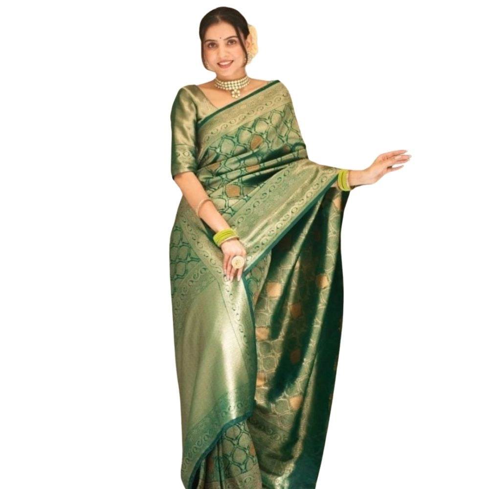 Generic Women's Silk Printed Saree With Unstitched Blouse 5.5Mtr (Green) - MYLUXURY LANE ENTERPRISE