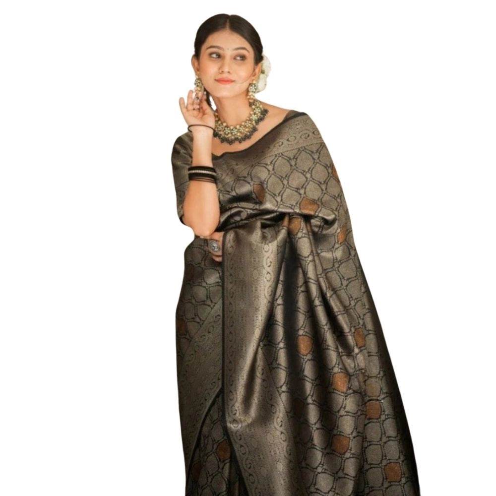 Generic Women's Silk Printed Saree With Unstitched Blouse 5.5Mtr (Black) - MYLUXURY LANE ENTERPRISE