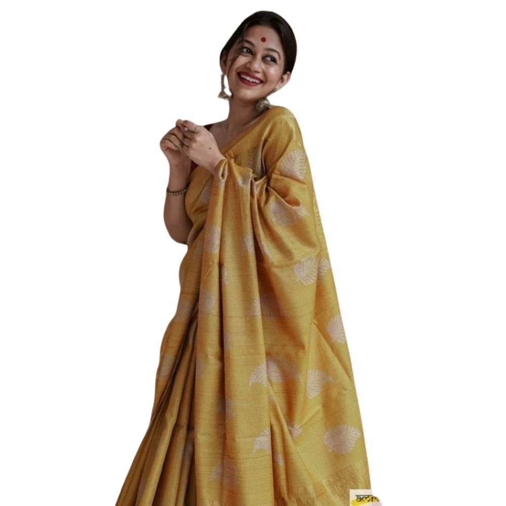 Generic Women's Silk Printed Saree With Unstitched Blouse 5.5Mtr (Yellow) - MYLUXURY LANE ENTERPRISE