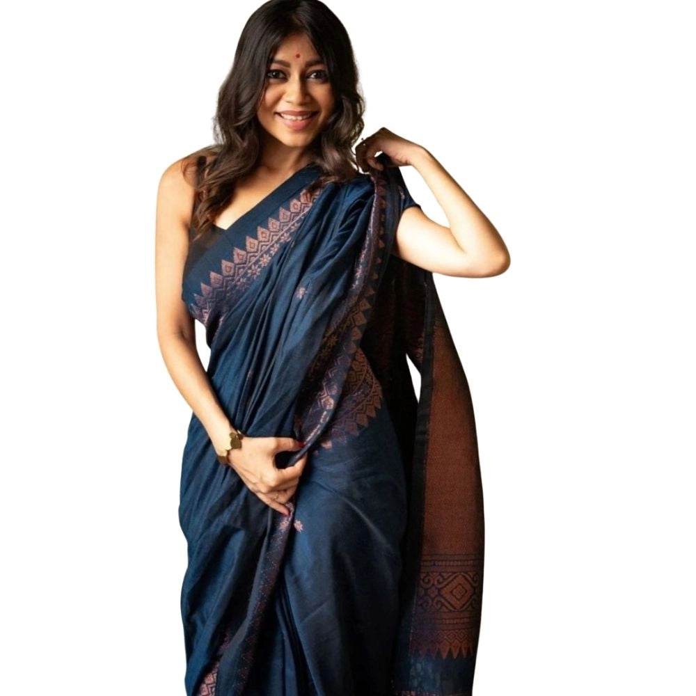 Generic Women's Silk Printed Saree With Unstitched Blouse 5.5Mtr (Navy Blue) - MYLUXURY LANE ENTERPRISE