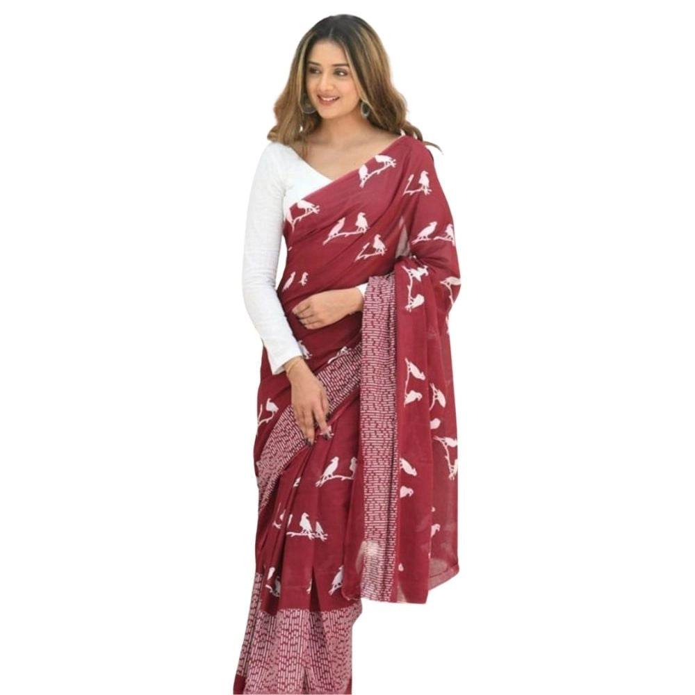 Generic Women's Silk Printed Saree With Unstitched Blouse 5.5Mtr (Maroon) - MYLUXURY LANE ENTERPRISE