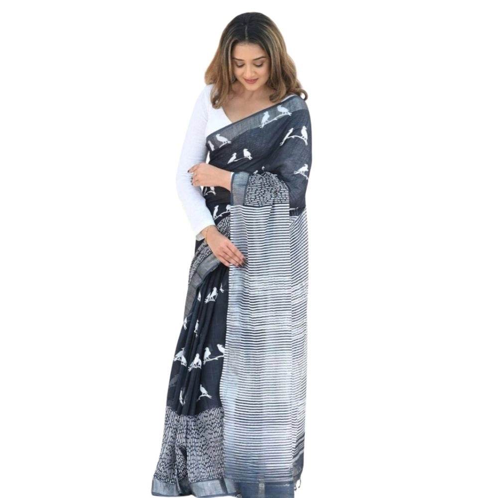 Generic Women's Silk Printed Saree With Unstitched Blouse 5.5Mtr (Black) - MYLUXURY LANE ENTERPRISE