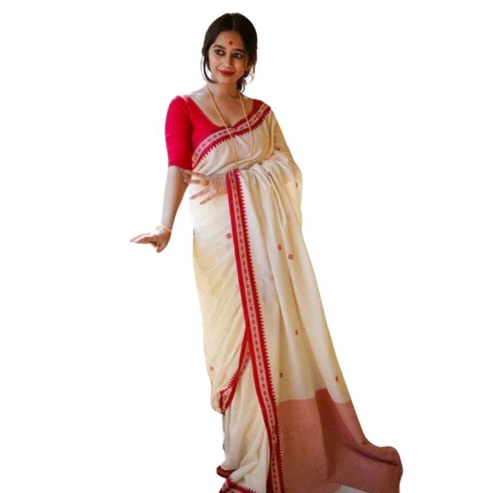 Generic Women's Cotton Printed Saree With Unstitched Blouse 5.5Mtr (White) - MYLUXURY LANE ENTERPRISE