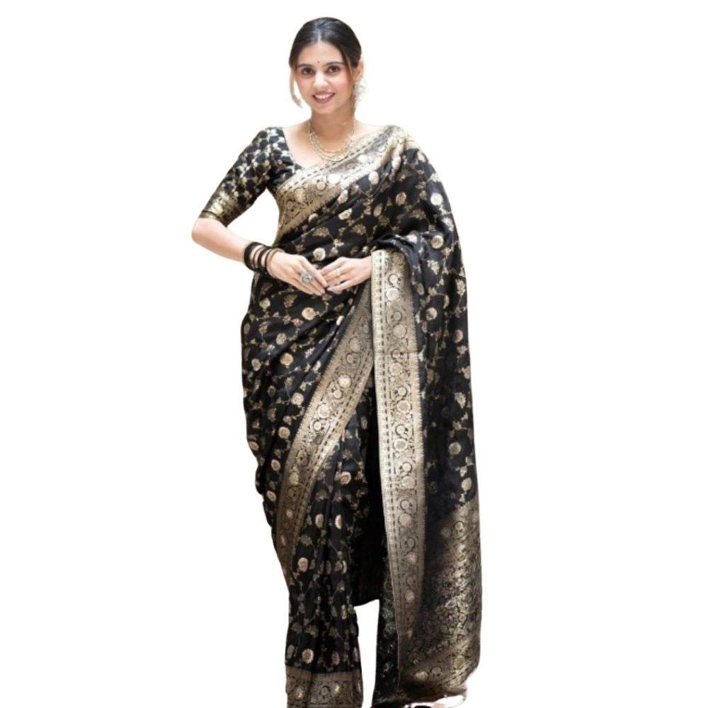 Generic Women's Silk Printed Saree With Unstitched Blouse 5.5Mtr (Black) - MYLUXURY LANE ENTERPRISE