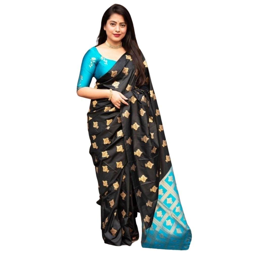 Generic Women's Silk Printed Saree With Unstitched Blouse 5.5Mtr (Sky Blue) - MYLUXURY LANE ENTERPRISE