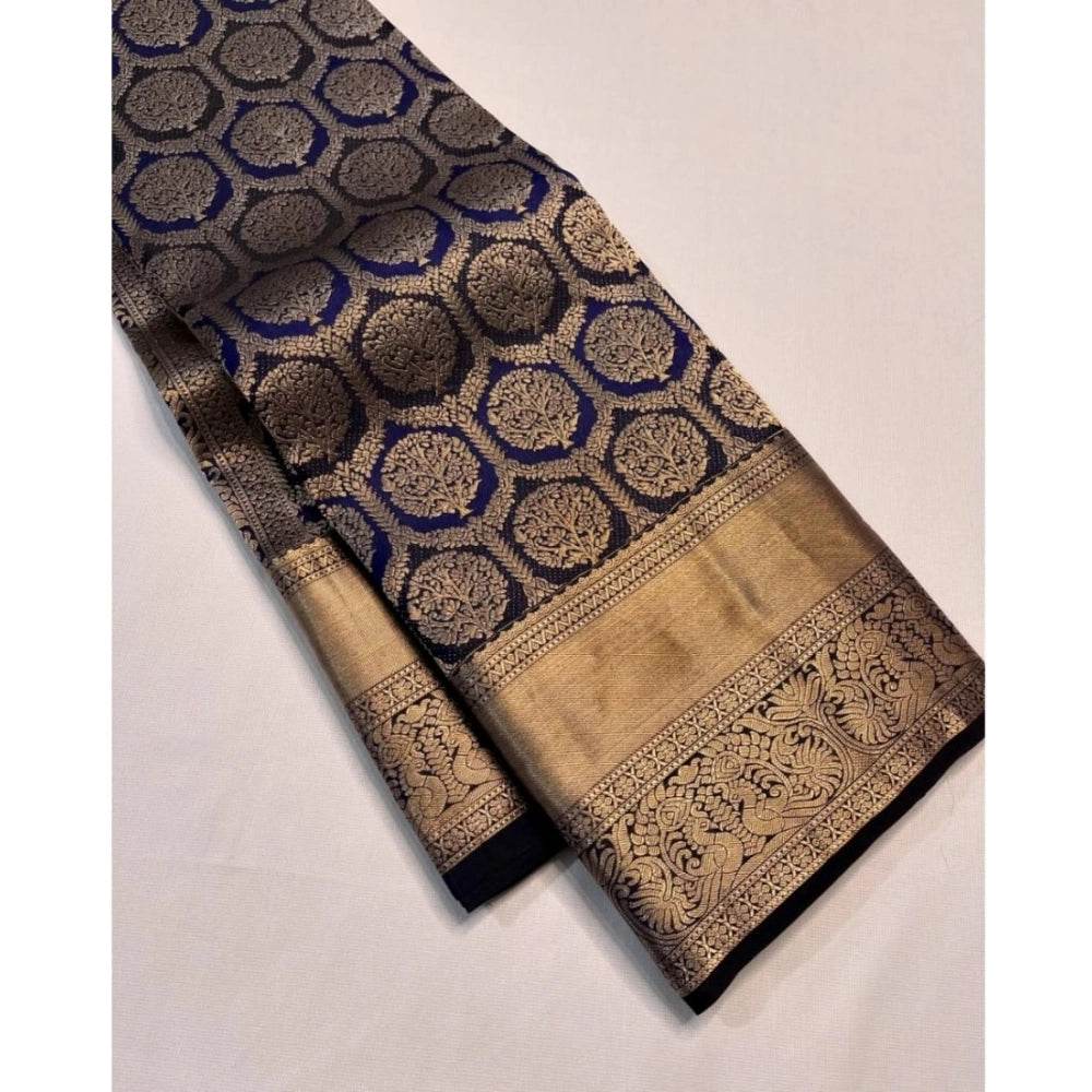 Generic Women's Silk Printed Saree With Unstitched Blouse 5.5Mtr (Navy Blue) - MYLUXURY LANE ENTERPRISE
