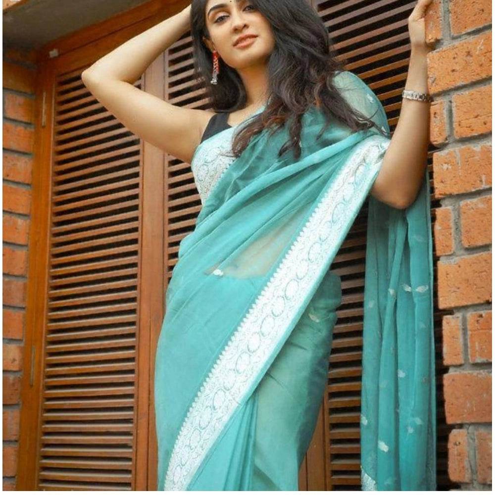 Generic Women's Cotton Printed Saree With Unstitched Blouse 5.5Mtr (Sky Blue) - MYLUXURY LANE ENTERPRISE