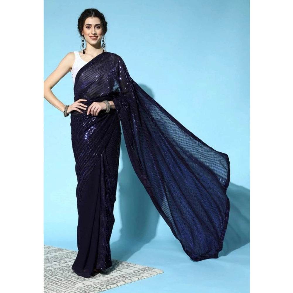 Generic Women's Georgette Embellished Sequnece Bollywood Saree With Unstitched Blouse 5.5Mtr (Blue) - MYLUXURY LANE ENTERPRISE