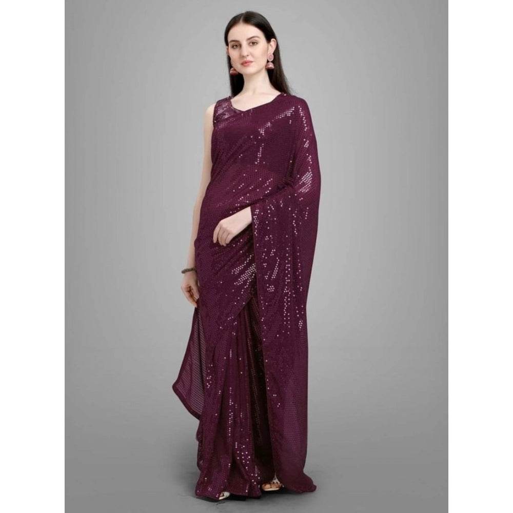 Generic Women's Georgette Embellished Sequnece Bollywood Saree With Unstitched Blouse 5.5Mtr (Purple) - MYLUXURY LANE ENTERPRISE