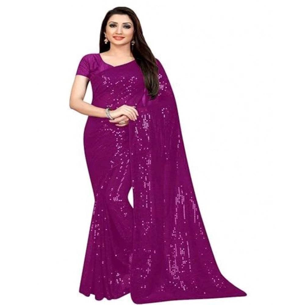 Generic Women's Georgette Embellished Sequnece Bollywood Saree With Unstitched Blouse 5.5Mtr (Purple) - MYLUXURY LANE ENTERPRISE