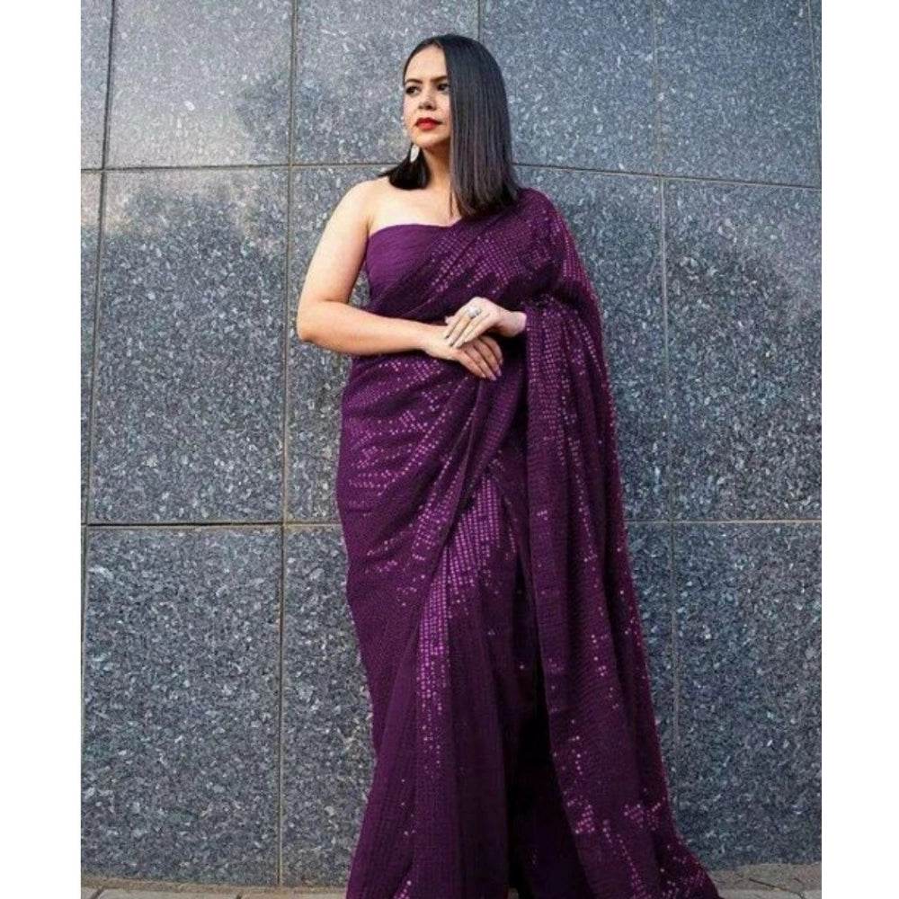 Generic Women's Georgette Embellished Sequnece Bollywood Saree With Unstitched Blouse 5.5Mtr (Purple) - MYLUXURY LANE ENTERPRISE
