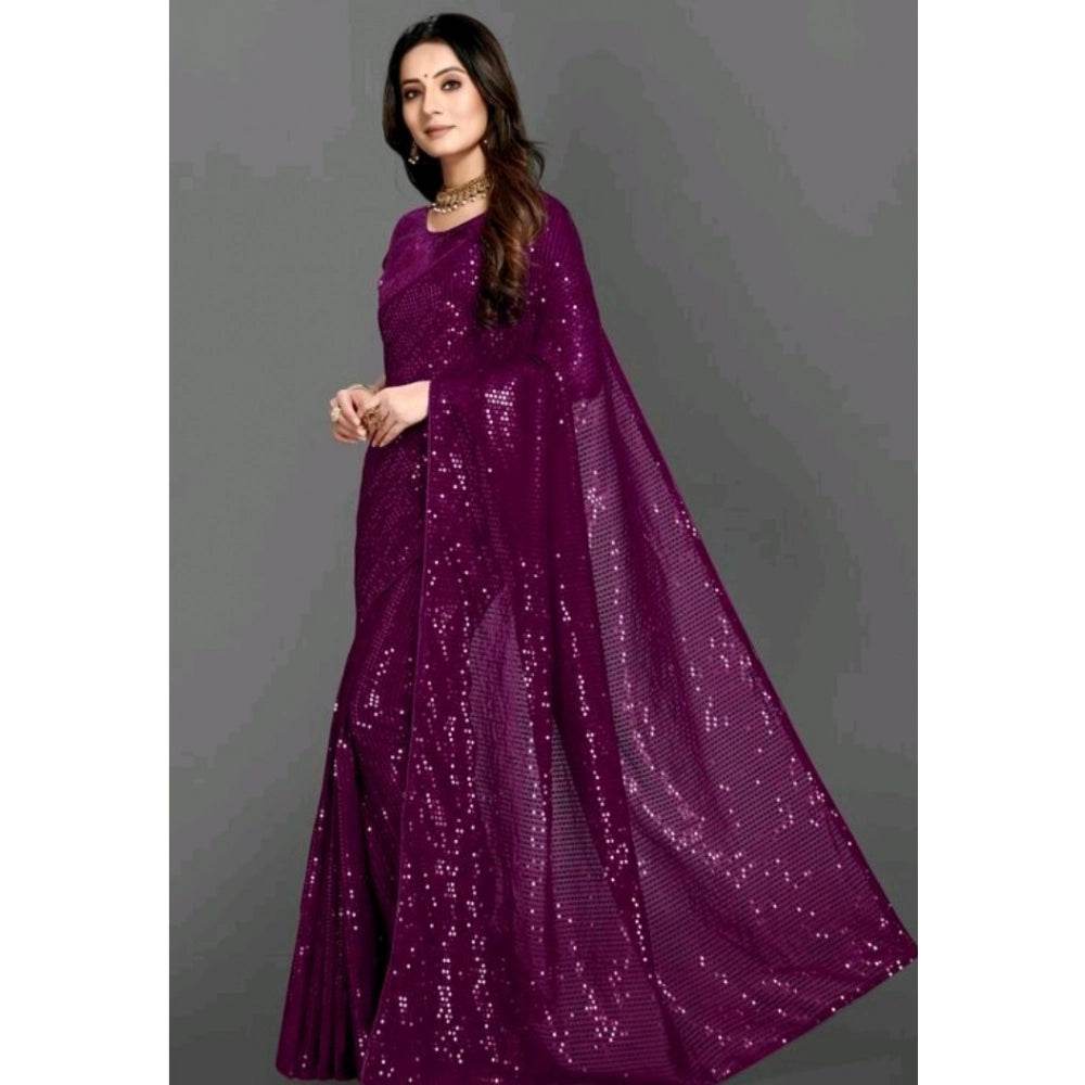 Generic Women's Georgette Embellished Sequnece Bollywood Saree With Unstitched Blouse 5.5Mtr (Purple) - MYLUXURY LANE ENTERPRISE