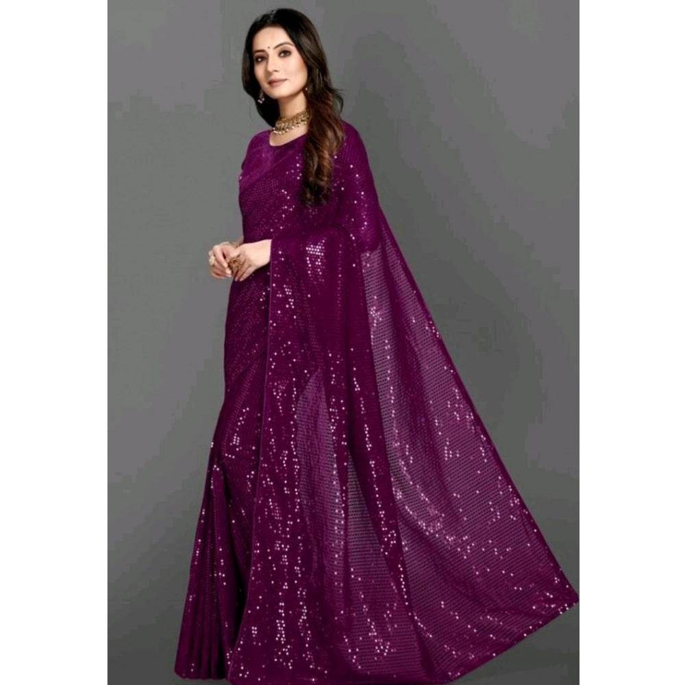 Generic Women's Georgette Embellished Sequnece Bollywood Saree With Unstitched Blouse 5.5Mtr (Purple) - MYLUXURY LANE ENTERPRISE