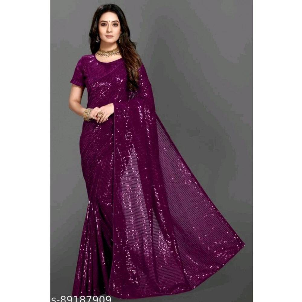 Generic Women's Georgette Embellished Sequnece Bollywood Saree With Unstitched Blouse 5.5Mtr (Purple) - MYLUXURY LANE ENTERPRISE