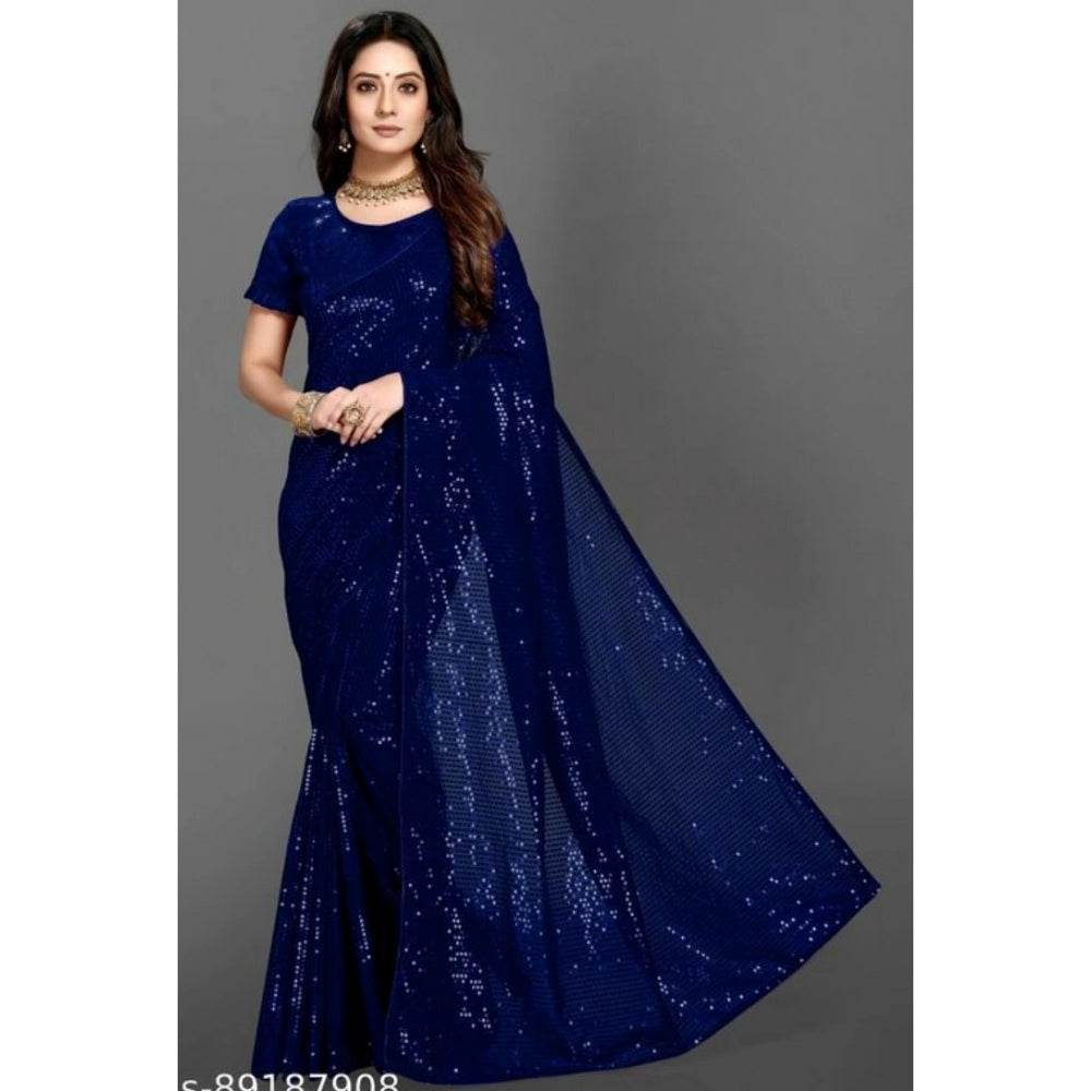 Generic Women's Georgette Embellished Sequnece Bollywood Saree With Unstitched Blouse 5.5Mtr (Blue) - MYLUXURY LANE ENTERPRISE