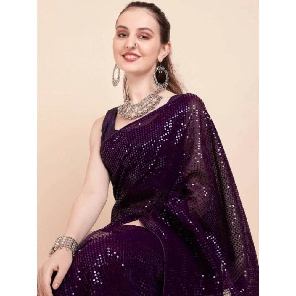 Generic Women's Georgette Embellished Sequnece Bollywood Saree With Unstitched Blouse 5.5Mtr (Purple) - MYLUXURY LANE ENTERPRISE