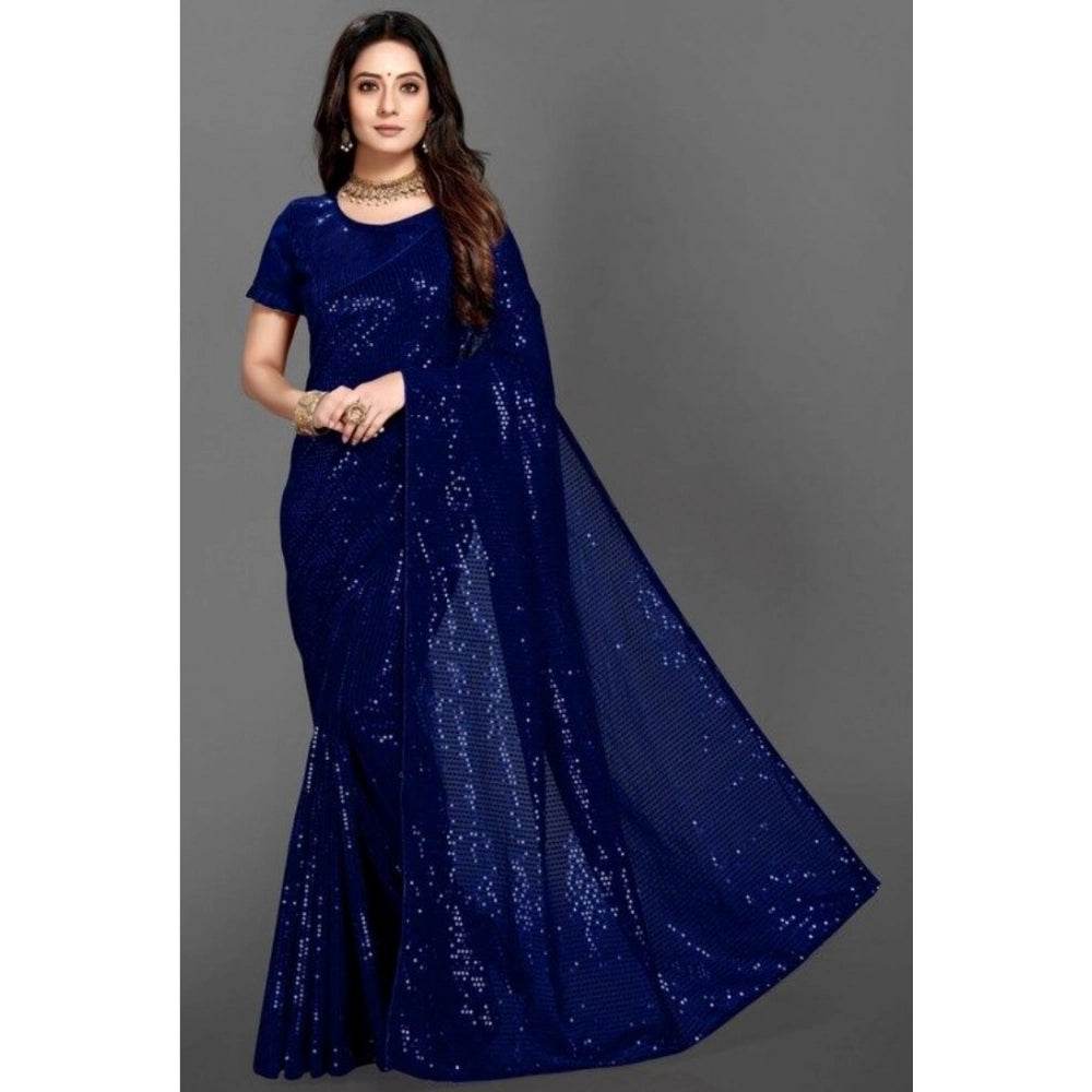 Generic Women's Georgette Embellished Sequnece Bollywood Saree With Unstitched Blouse 5.5Mtr (Blue) - MYLUXURY LANE ENTERPRISE