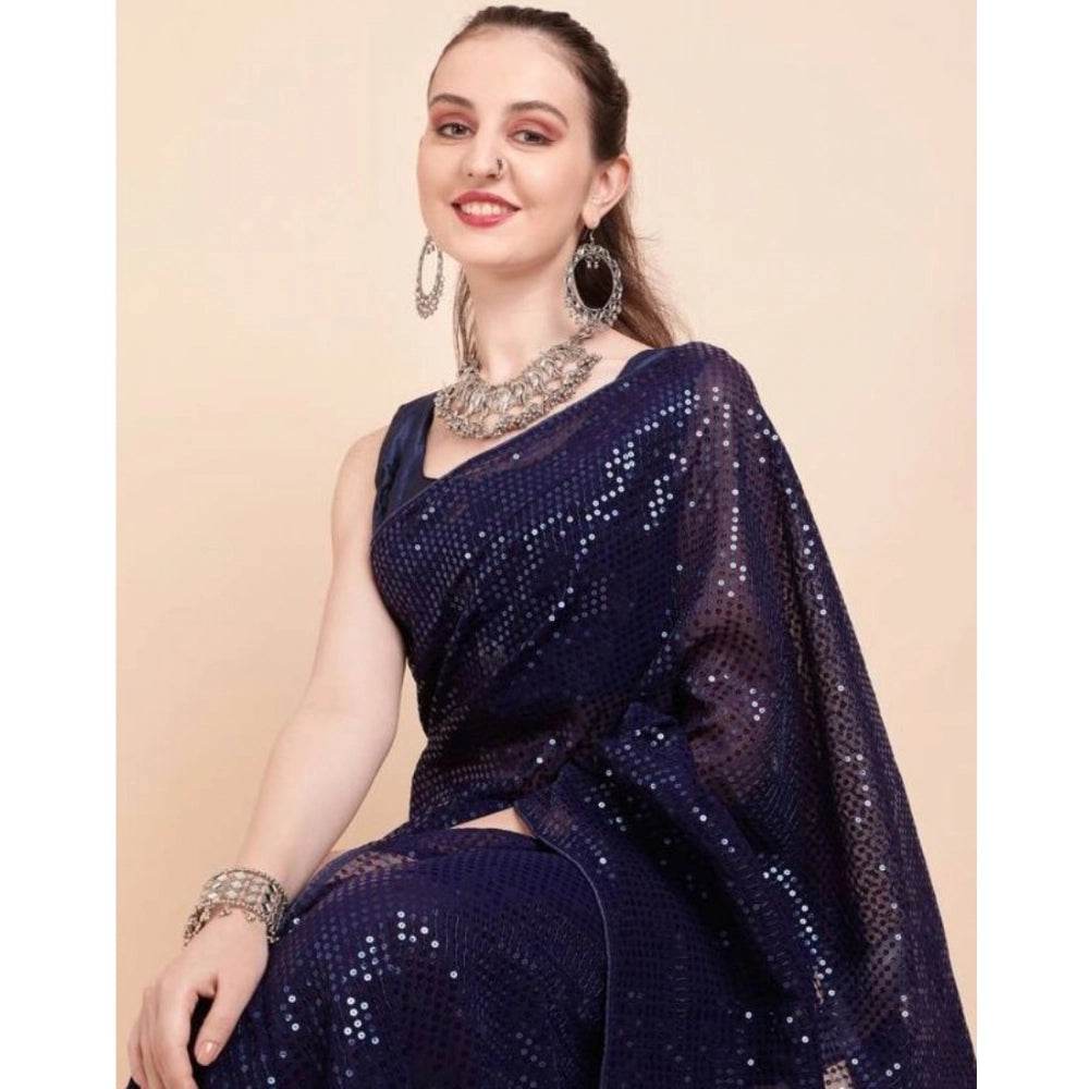 Generic Women's Georgette Embellished Sequnece Bollywood Saree With Unstitched Blouse 5.5Mtr (Blue) - MYLUXURY LANE ENTERPRISE