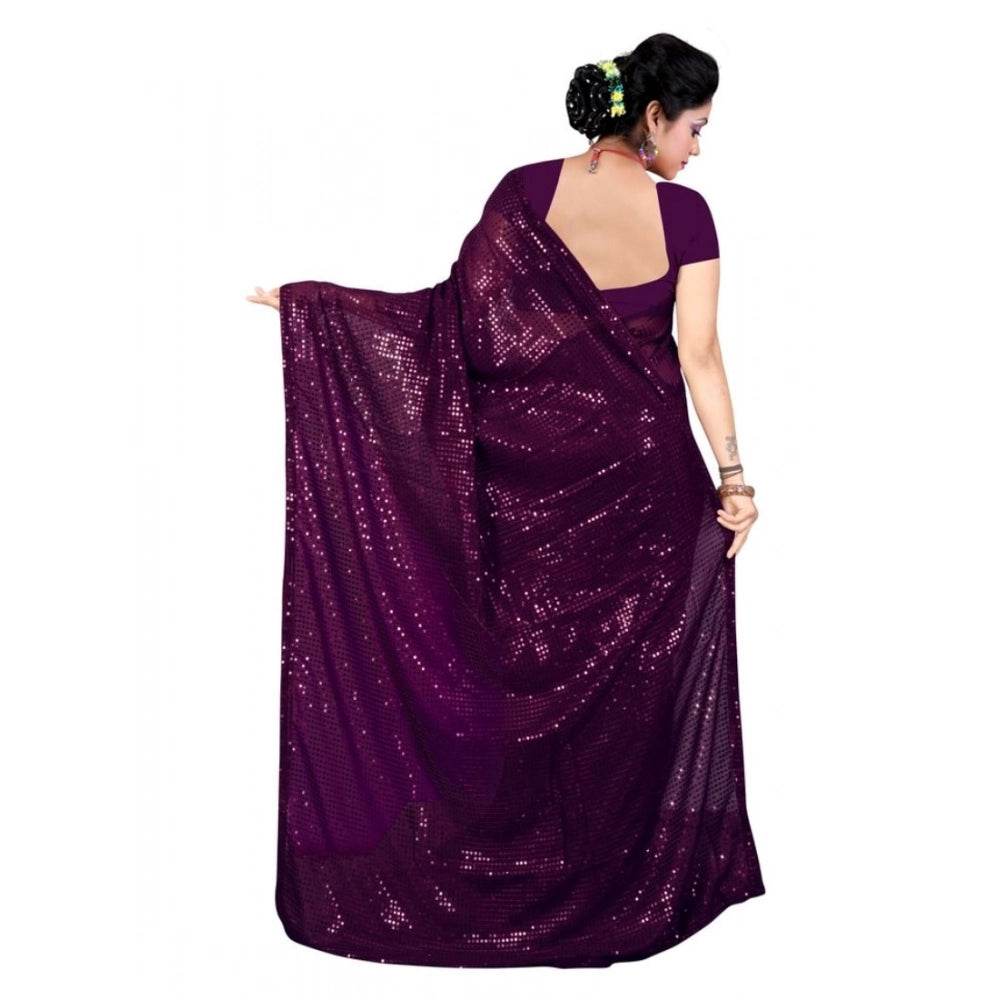 Generic Women's Georgette Embellished Sequnece Bollywood Saree With Unstitched Blouse 5.5Mtr (Purple) - MYLUXURY LANE ENTERPRISE