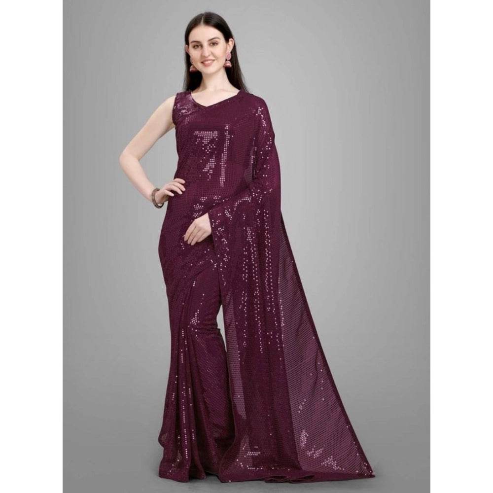 Generic Women's Georgette Embellished Sequnece Bollywood Saree With Unstitched Blouse 5.5Mtr (Purple) - MYLUXURY LANE ENTERPRISE