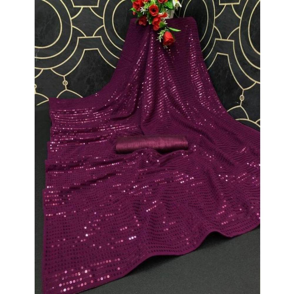 Generic Women's Georgette Embellished Sequnece Bollywood Saree With Unstitched Blouse 5.5Mtr (Purple) - MYLUXURY LANE ENTERPRISE