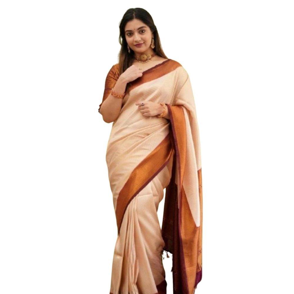 Generic Women's Silk Printed Saree With Unstitched Blouse 5.5Mtr (Cream) - MYLUXURY LANE ENTERPRISE