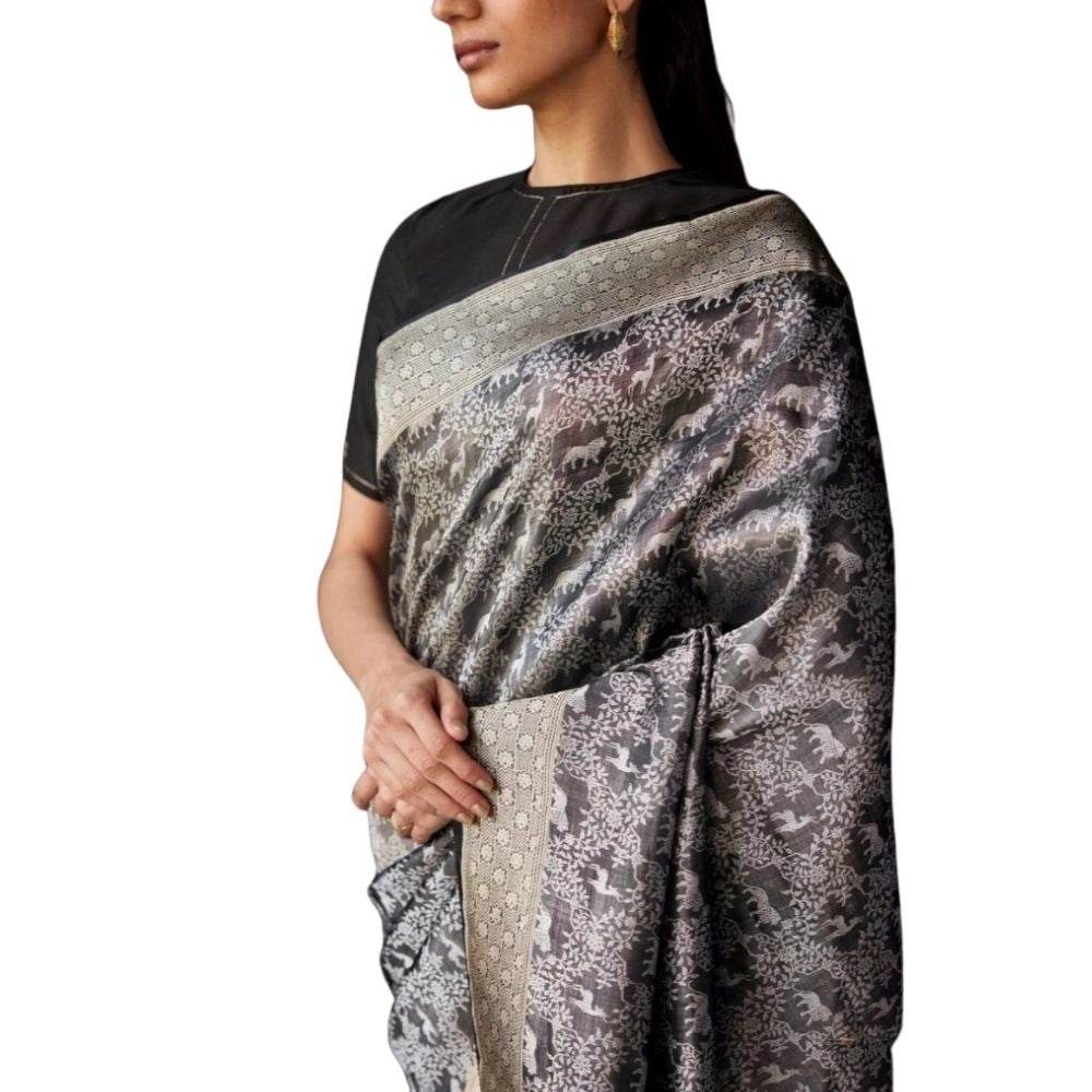 Generic Women's Silk Printed Saree With Unstitched Blouse 5.5Mtr (Grey) - MYLUXURY LANE ENTERPRISE