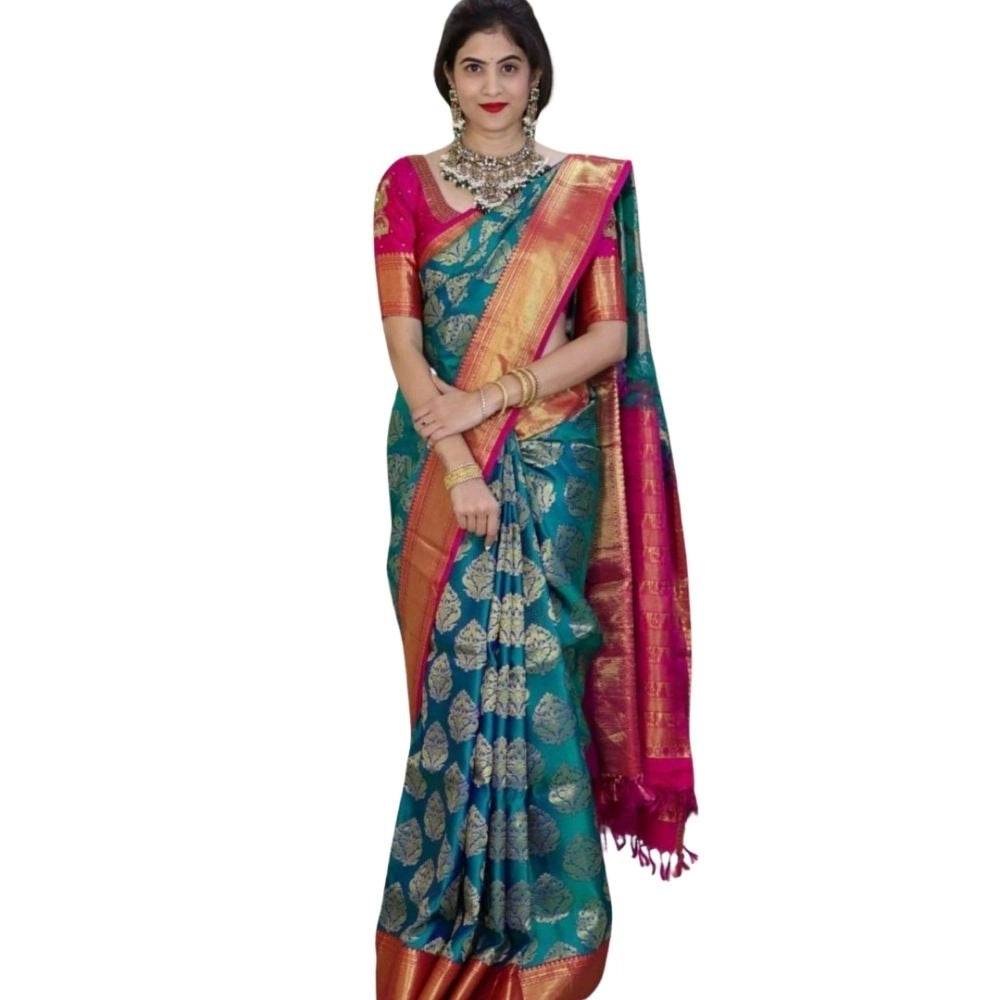 Generic Women's Silk Printed Saree With Unstitched Blouse 5.5Mtr (Teal Blue) - MYLUXURY LANE ENTERPRISE