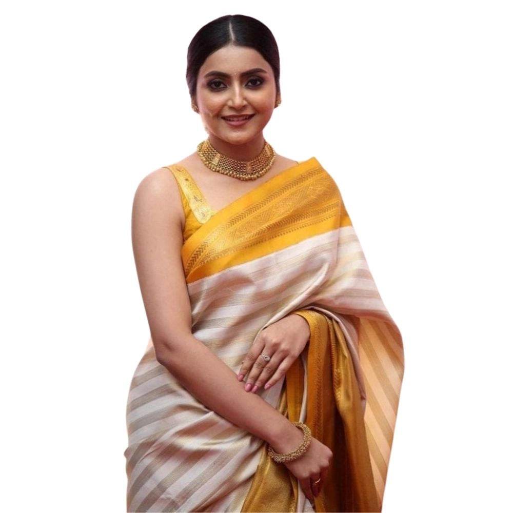 Generic Women's Silk Printed Saree With Unstitched Blouse 5.5Mtr (Off White-Yellow) - MYLUXURY LANE ENTERPRISE