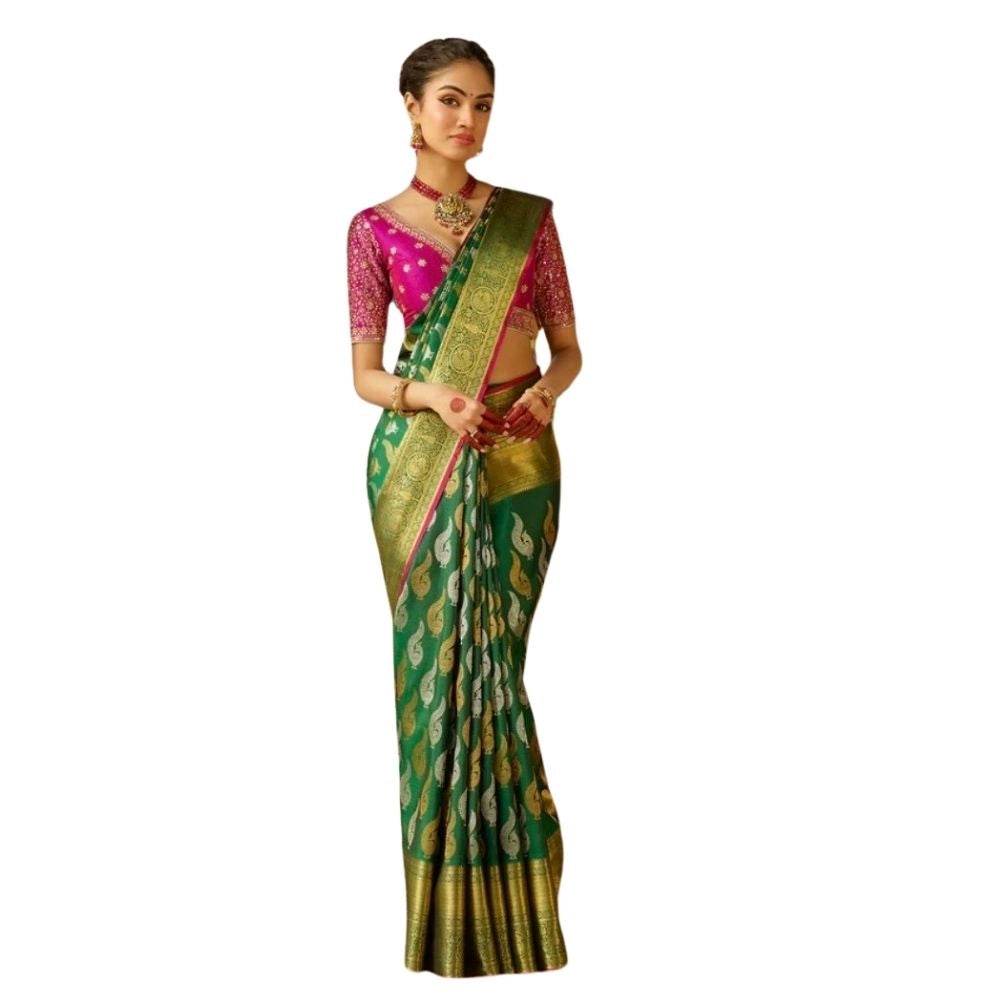 Generic Women's Silk Printed Saree With Unstitched Blouse 5.5Mtr (Green) - MYLUXURY LANE ENTERPRISE