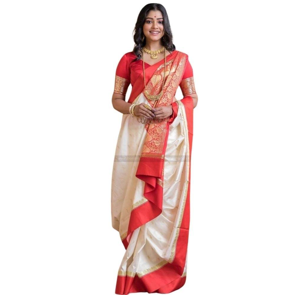 Generic Women's Silk Printed Saree With Unstitched Blouse 5.5Mtr (White-Red) - MYLUXURY LANE ENTERPRISE