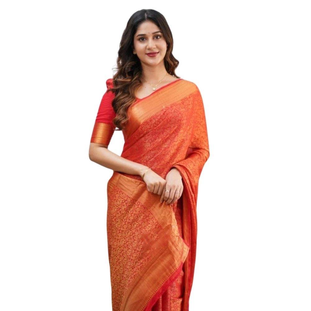 Generic Women's Silk Printed Saree With Unstitched Blouse 5.5Mtr (Orange) - MYLUXURY LANE ENTERPRISE