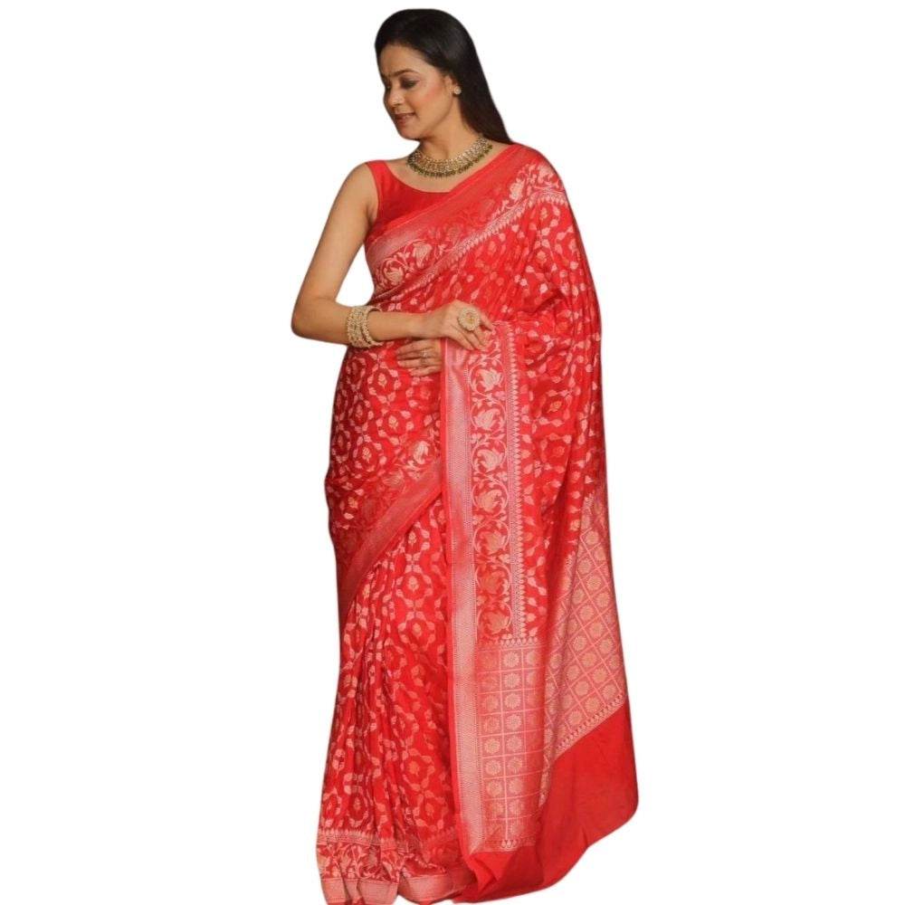 Generic Women's Silk Printed Saree With Unstitched Blouse 5.5Mtr (Orange) - MYLUXURY LANE ENTERPRISE