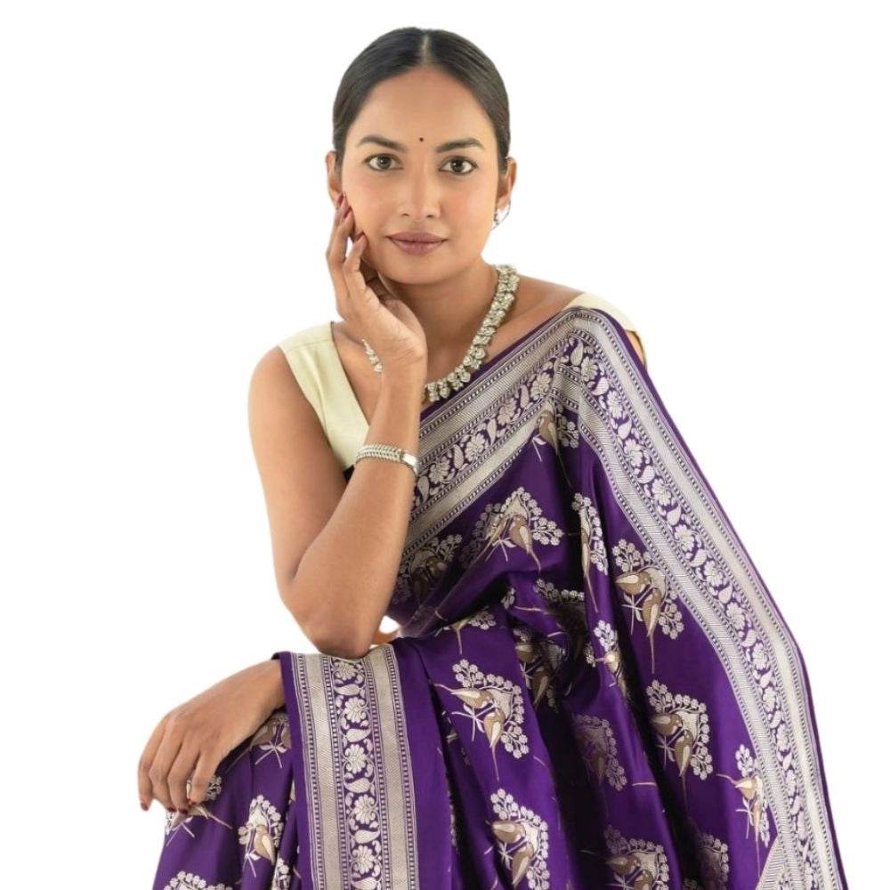 Generic Women's Silk Printed Saree With Unstitched Blouse 5.5Mtr (Purple) - MYLUXURY LANE ENTERPRISE