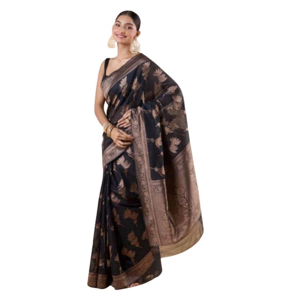 Generic Women's Silk Printed Saree With Unstitched Blouse 5.5Mtr (Black) - MYLUXURY LANE ENTERPRISE
