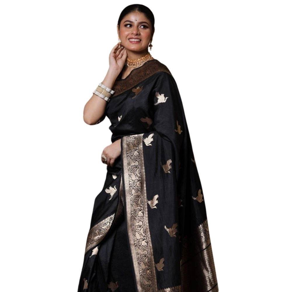Generic Women's Silk Printed Saree With Unstitched Blouse 5.5Mtr (Black) - MYLUXURY LANE ENTERPRISE