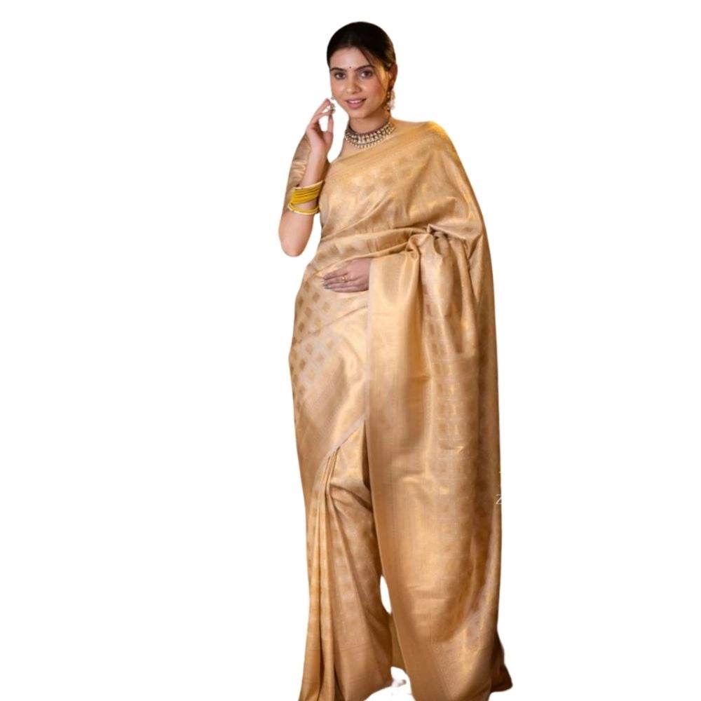 Generic Women's Silk Printed Saree With Unstitched Blouse 5.5Mtr (Cream) - MYLUXURY LANE ENTERPRISE