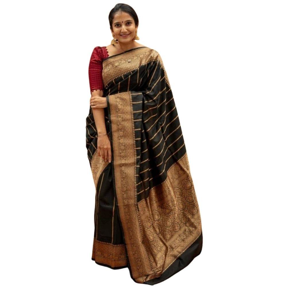 Generic Women's Silk Printed Saree With Unstitched Blouse 5.5Mtr (Black) - MYLUXURY LANE ENTERPRISE
