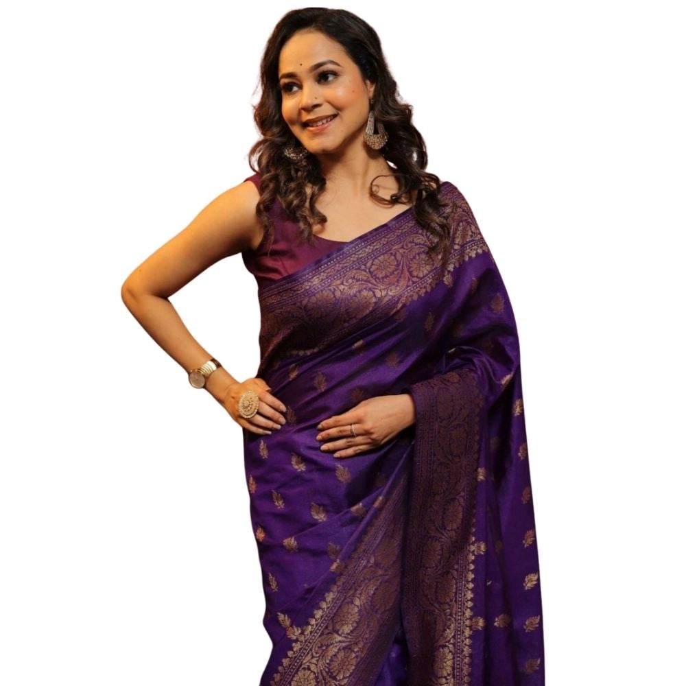 Generic Women's Silk Printed Saree With Unstitched Blouse 5.5Mtr (Purple) - MYLUXURY LANE ENTERPRISE