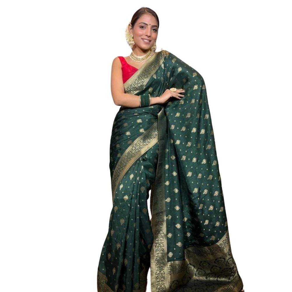 Generic Women's Silk Printed Saree With Unstitched Blouse 5.5Mtr (Green) - MYLUXURY LANE ENTERPRISE