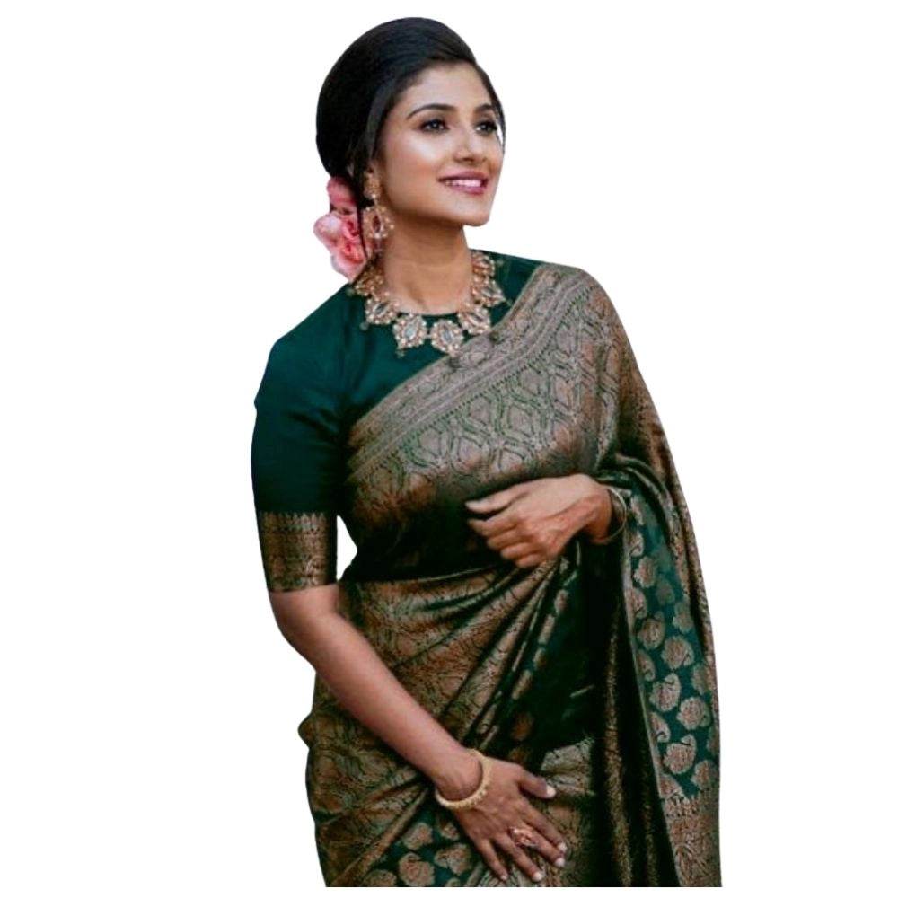 Generic Women's Silk Printed Saree With Unstitched Blouse 5.5Mtr (Green) - MYLUXURY LANE ENTERPRISE