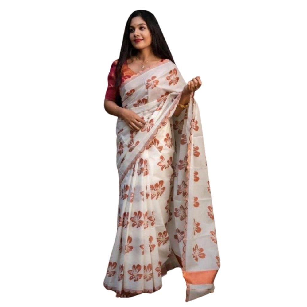 Generic Women's Silk Printed Saree With Unstitched Blouse 5.5Mtr (White-Orange) - MYLUXURY LANE ENTERPRISE